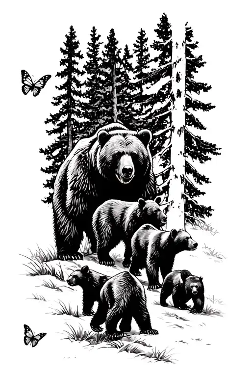 Papa bear and 3 black bear cubs and 2 monarch butterfly walking in the wilderness trees tattoo design idea
