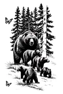 Papa bear and 3 black bear cubs and 2 monarch butterfly walking in the wilderness trees tattoo design idea