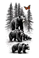 Papa bear and 3 black bear cubs and 2 monarch butterfly walking in the wilderness trees tattoo design idea