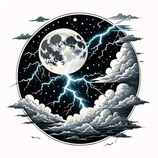 lightning realist with cloud and moon tattoo design idea