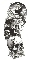 Cherry blossom tree with roses, skulls and crows tattoo design idea