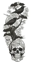 Cherry blossom tree with roses, skulls and crows tattoo design idea