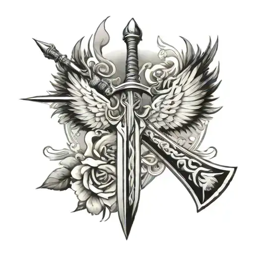 sword with bow and arrow with phoenix rising tattoo design idea