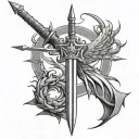 sword with bow and arrow with phoenix rising tattoo design idea