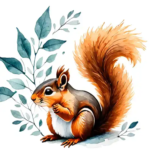 black and white, squirrel with leaves pattern tattoo design idea