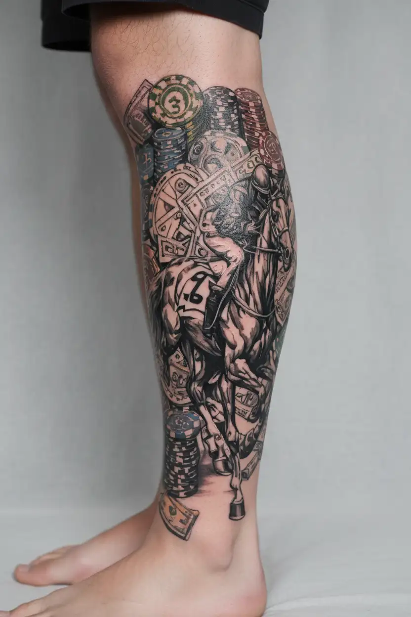 horse racing, casino chips, cash, sports gambling themed tattoo tattoo design idea