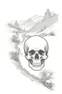 walking thru a valley with skulls on the side and eye at the end of the path tattoo design idea