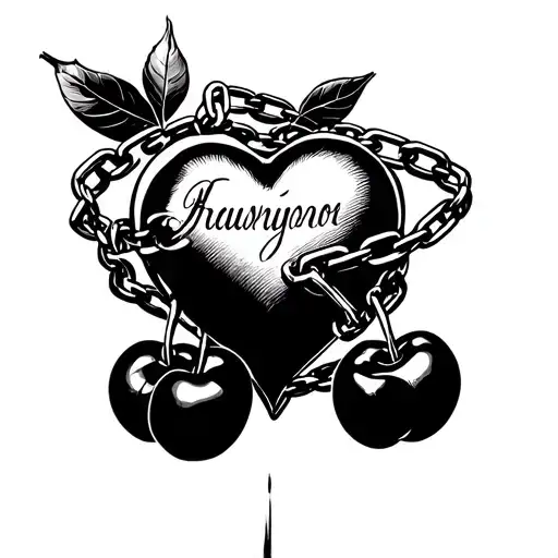 cherries with chains wrapped around it and heart with script tattoo design tattoo design idea