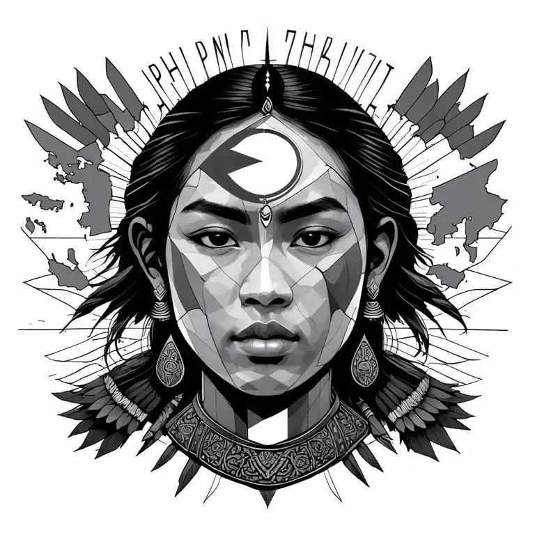 a face of a filipina warrior, Philippine flag, philippine map and the philippine national anthem in alibata words tattoo design idea