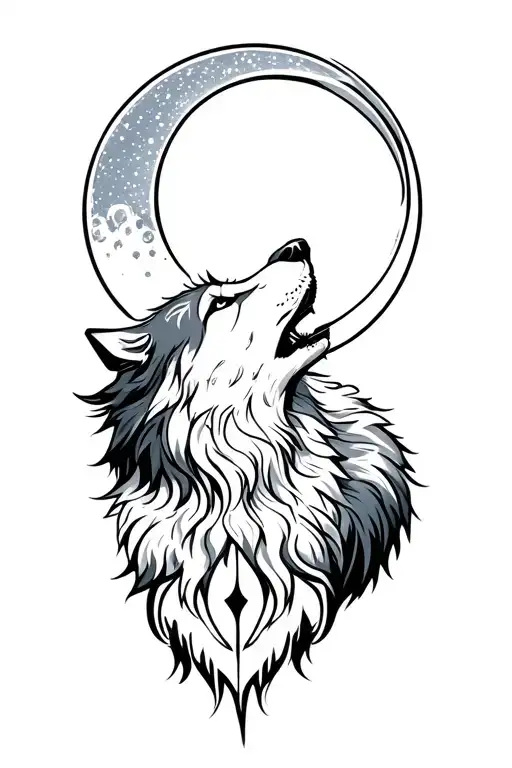 blackout tattoo with silver wolf howling at a silver crescent moon tattoo design idea