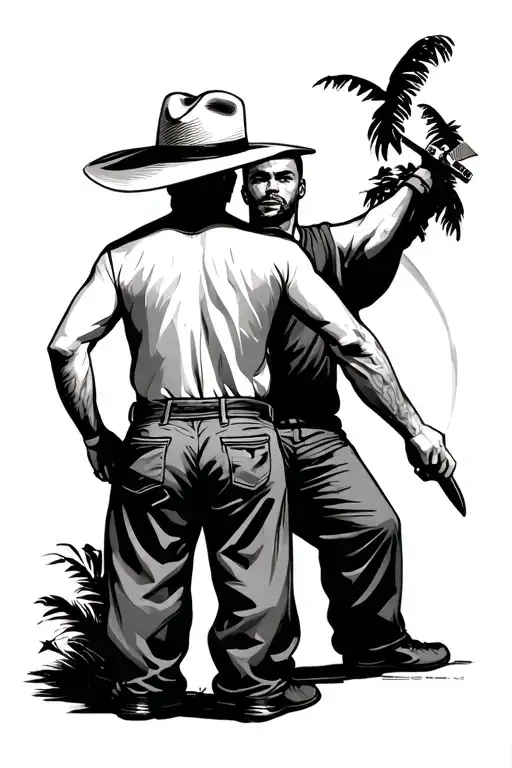a guy standing with his back turned and wearing a Panama hat on his head, wide pants and a man sticking a knife into his back from behind tattoo design idea
