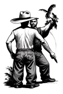 a guy standing with his back turned and wearing a Panama hat on his head, wide pants and a man sticking a knife into his back from behind tattoo design idea