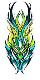 tribal patterns in long flame like structure with a few  colours from light blue,over green and yellow  tattoo design idea