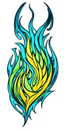 tribal patterns in long flame like structure with a few  colours from light blue,over green and yellow  tattoo design idea