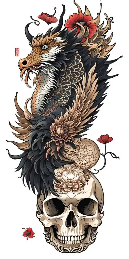 Chinese dragon and phoenix and pilot skull wings and crown and poppy tattoo design idea