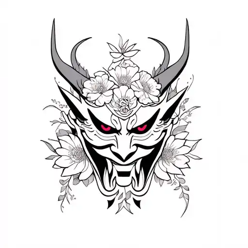 Omni mask demon with flowers around it tattoo design idea