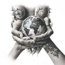 hands and world tattoo design idea