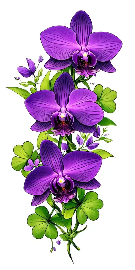 Clovers and Purple Orchids flower intertwined tattoo design idea