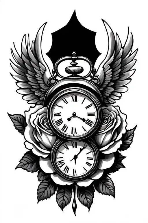 rose and clock with wings for nan and grandad tattoo design idea
