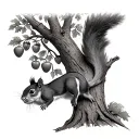 a squirrel climbing an oak tree. the tree has acorns growing on it tattoo design idea
