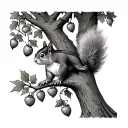 a squirrel climbing an oak tree. the tree has acorns growing on it tattoo design idea