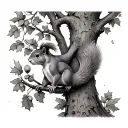 a squirrel climbing an oak tree. the tree has acorns growing on it tattoo design idea