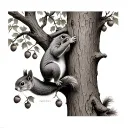 a squirrel climbing an oak tree. the tree has acorns growing on it tattoo design idea