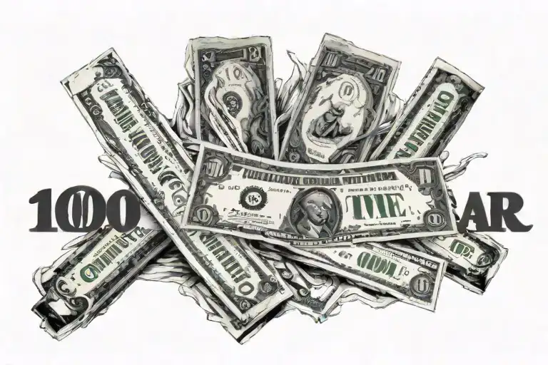 100 dollar bills over desert eagle guns with Sanskrit font "BLASTED SWINE" & "Officially unofficial" in cursive under  tattoo design idea