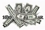 100 dollar bills over desert eagle guns with Sanskrit font "BLASTED SWINE" & "Officially unofficial" in cursive under  tattoo design idea