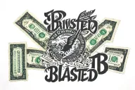 100 dollar bills over desert eagle guns with Sanskrit font "BLASTED SWINE" & "Officially unofficial" in cursive under  tattoo design idea
