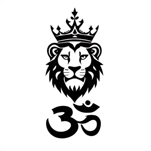 a lion face with a crown and an aum symbol below the lion tattoo design idea