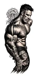 gay tattoo of a muscle man in his 50's with a surprise twist tattoo design idea