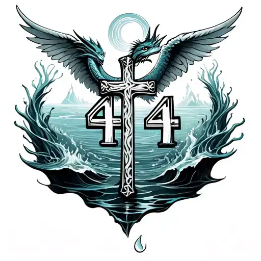 Angel number 444 Cross with water dragon with a ocean vibe the fits  behind the earthat ms feminine without shadings tattoo design idea