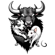 Angry ox protecting a dog and a rat holding tattoo design idea
