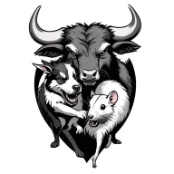Angry ox protecting a dog and a rat holding tattoo design idea