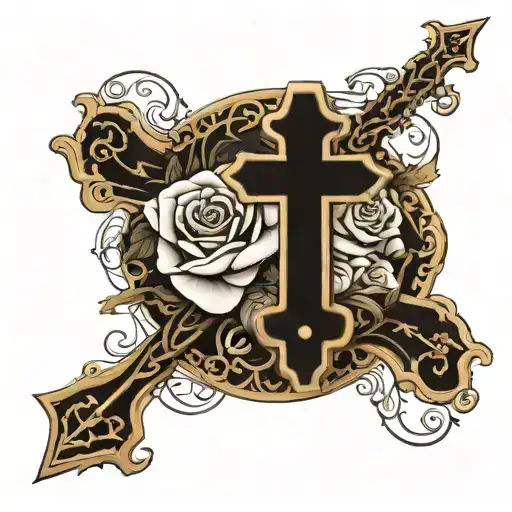 Imagine an Orthodox cross with graceful lines, where a large rose flower is located at the intersection of the rods. The petals are mo tattoo design idea