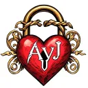 AVJ initials intertwined inside heart shaped lock tattoo design idea