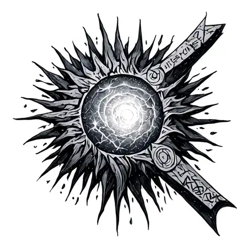 “Blackwork tattoo design for upper arm, cosmic vortex (Ginnungagap), floating shattered Norse runestones, dark sun at ce tattoo design idea
