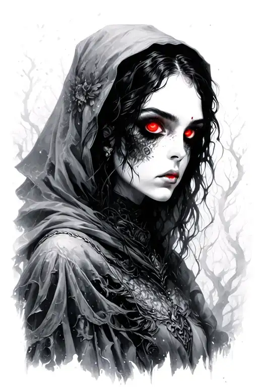 the Warden she is, non-human, solemn figure that emerges from the fog to watch over memories, loss. red eye glows  tattoo design idea