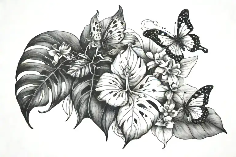 monstera leaf with butterflies and plumeria flowers  tattoo design idea