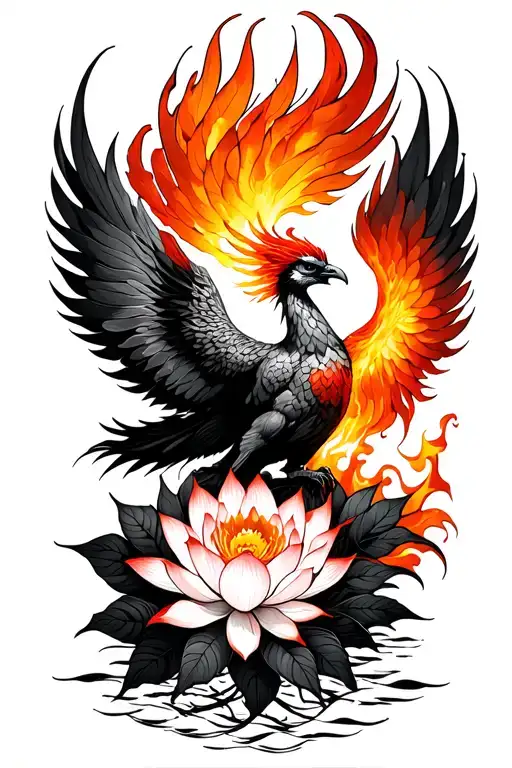 fiery phoenix rising with lotus flowers tattoo design idea