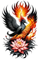 fiery phoenix rising with lotus flowers tattoo design idea