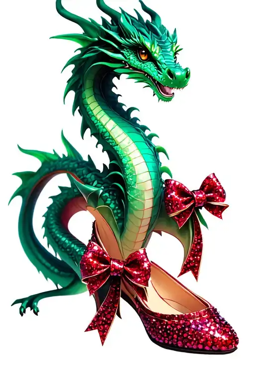 friendly emerald dragon wrapped around two sparkly ruby flat shoes with bows on toes tattoo design idea