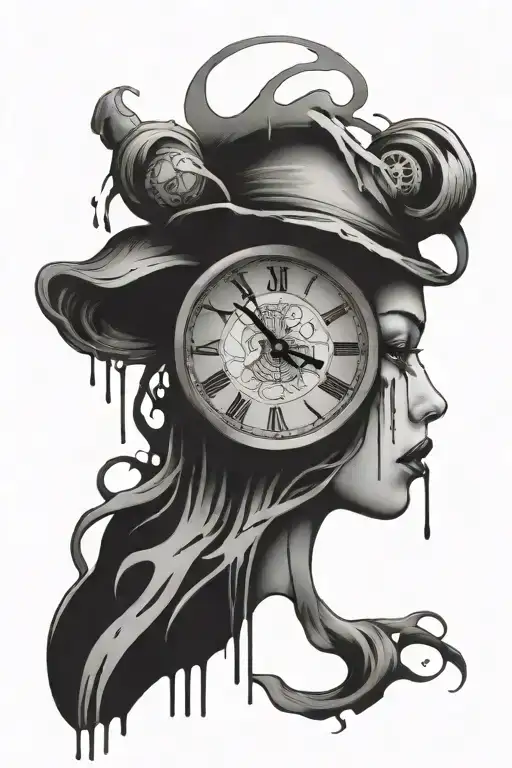 melting clock and Banksy girl tattoo design idea