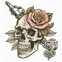 Skeleton hand holding the stem of a rose intertwined tattoo design idea