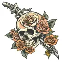 Skeleton hand holding the stem of a rose intertwined tattoo design idea