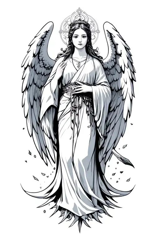 japanese traditional with seraphim angel black and white tattoo design idea