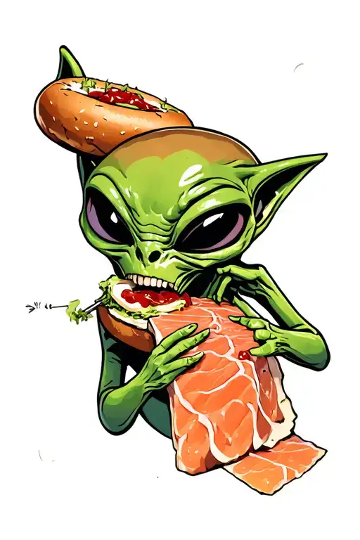 green alien eating bagel and lox tattoo design idea