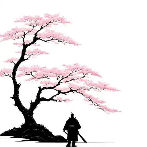 A minimalist design of a Sakura tree with a silhouette of a samurai standing beneath it tattoo design idea