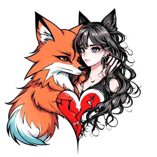 fox girl stitching together a broken heart tattoo design idea